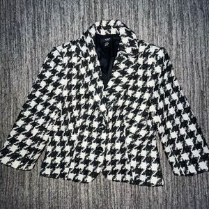 Alfani Womens Blazer Sz 6P Black White Houndstooth Long Sleeve Wool Blend Career